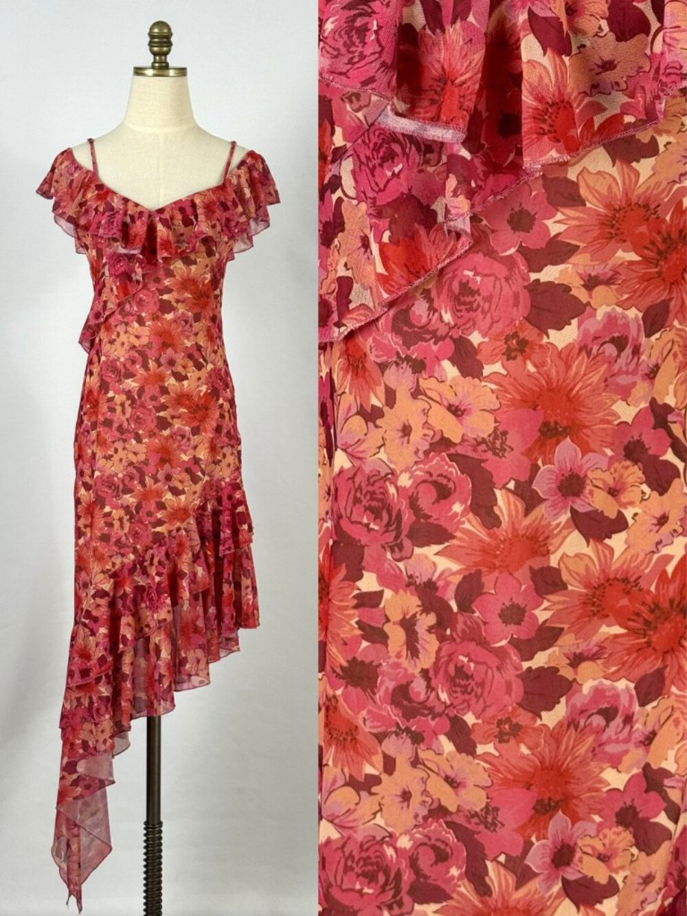 Pink Floral Asymmetrical Ruffle Dress Off the Shoulder Mesh Y2K Fairy Coquette